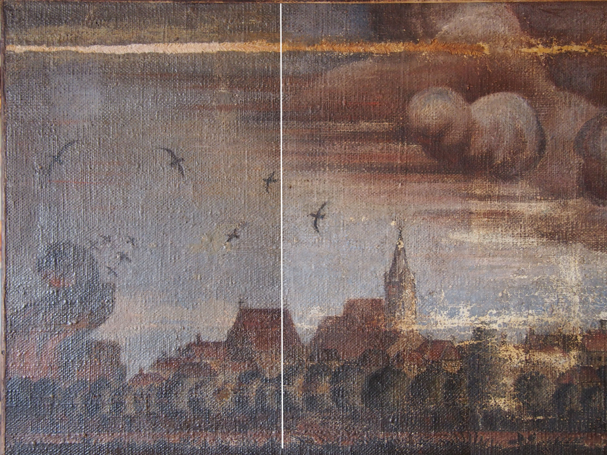 Olejomaľba &mdash; Mesto &Scaron;amor&iacute;n v plame&ncaron;och, porovnanie pred a po re&scaron;taurovan&iacute;