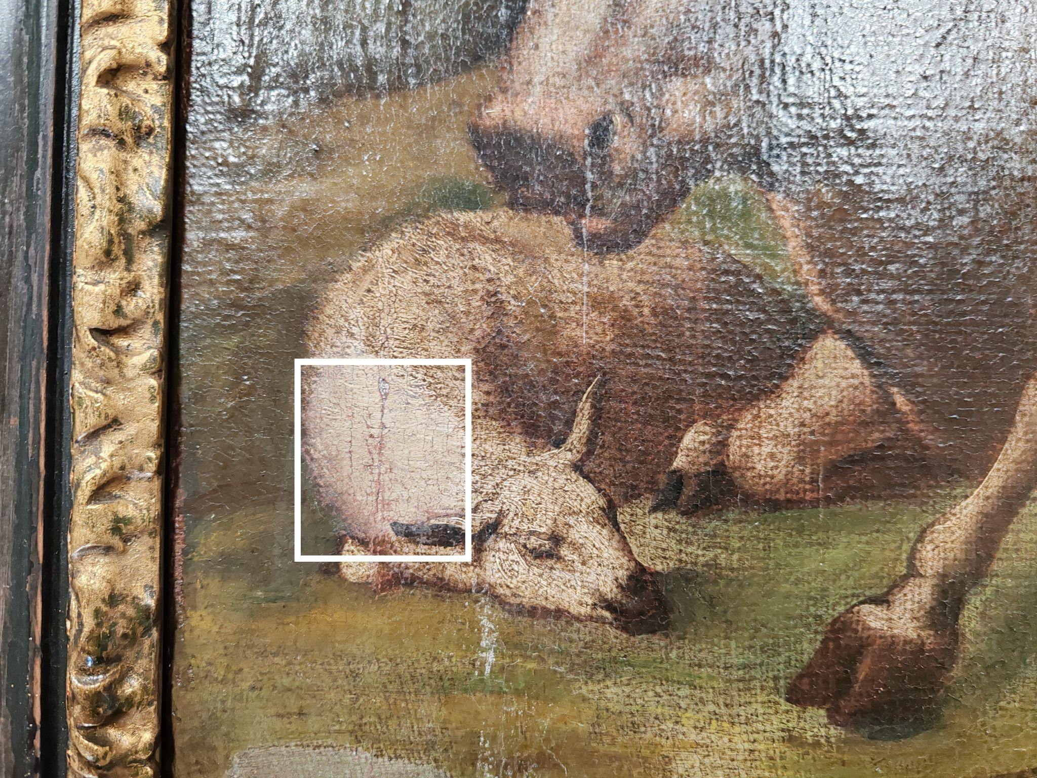 Detail bar&aacute;nčeka &mdash; po&scaron;kodenie farebn&eacute;j vrstvy pred re&scaron;taurovan&iacute;m